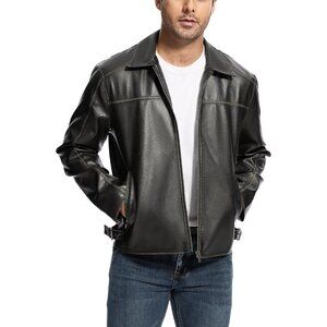 Men Black Faux Leather Biker Jacket Lightweight Vintage Bomber Zip Up Coat